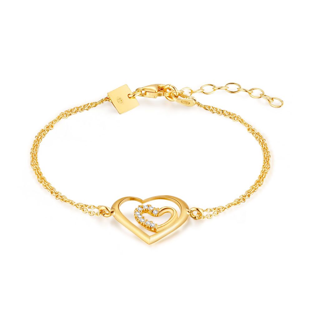 18Ct Gold Plated Silver Bracelet, 2 Open Hearts, Zirconia