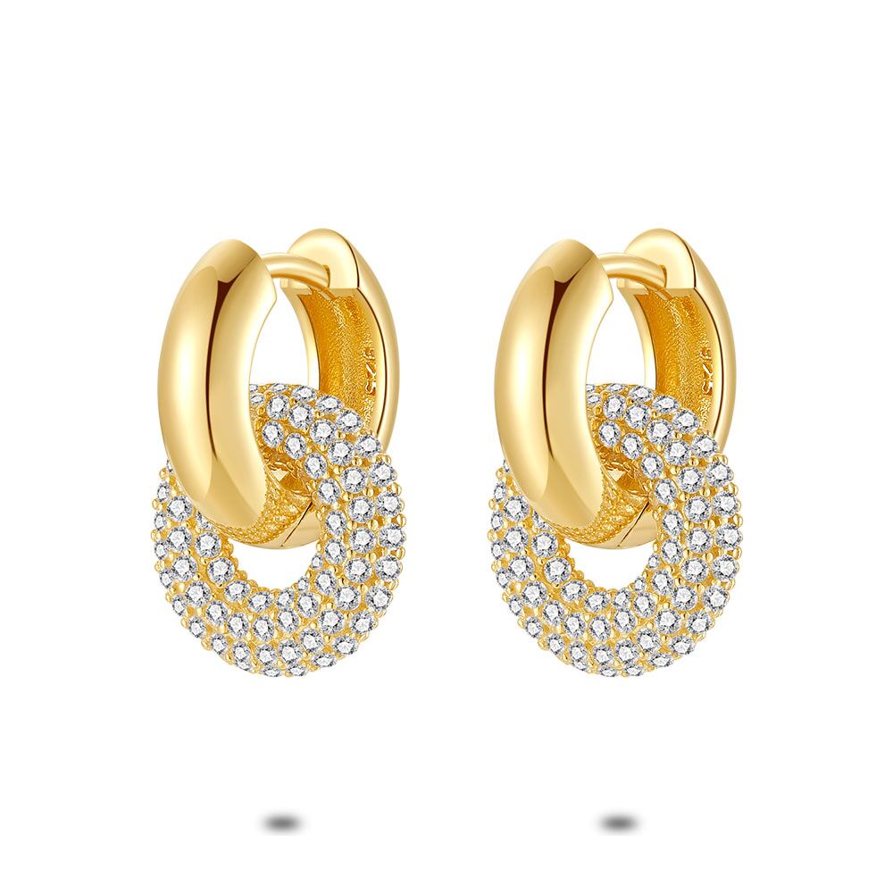 18Ct Gold Plated Silver Hoop Earrings, Donut With Zirconia
