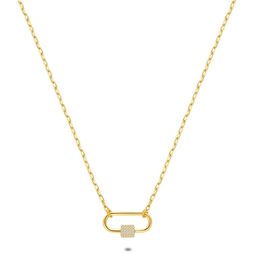 18Ct Gold Plated Silver Necklace, Open Oval, Zirconia