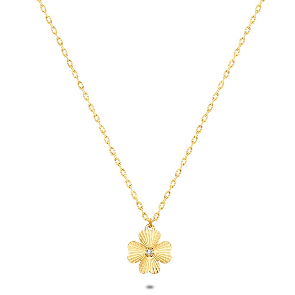 18Ct Gold Plated Silver Necklace, Chiseled Clover, 1 Zirconia