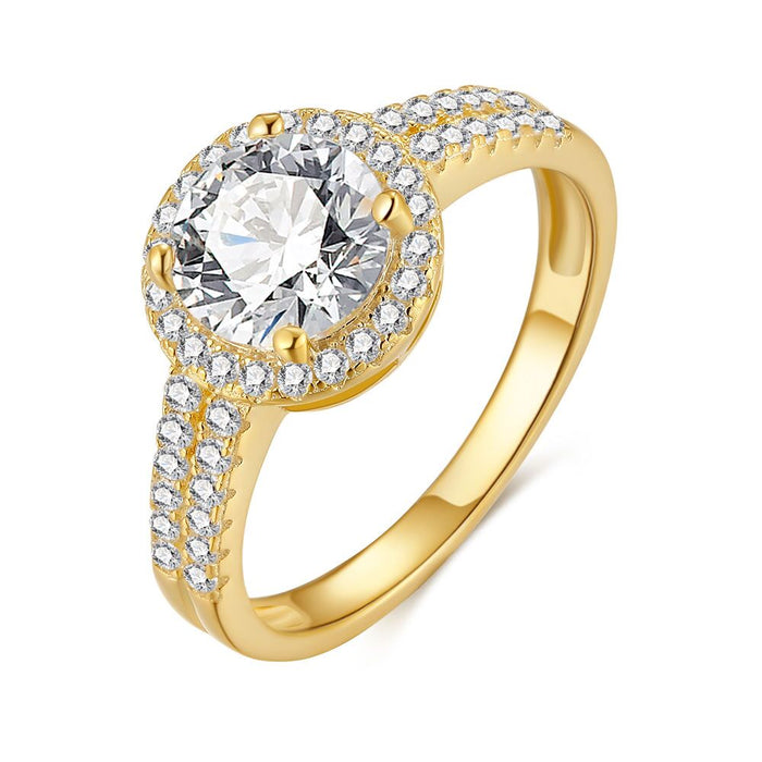 18Ct Gold Plated Silver Ring, Round Zirconia, 2 Rows Of Zirconia