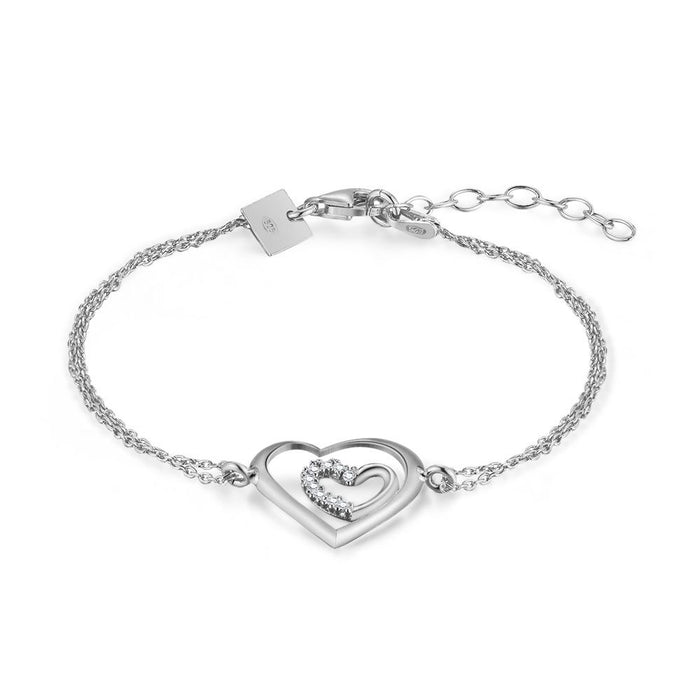 Silver Bracelet, Double Chain With Open Hearts And Zirkonia