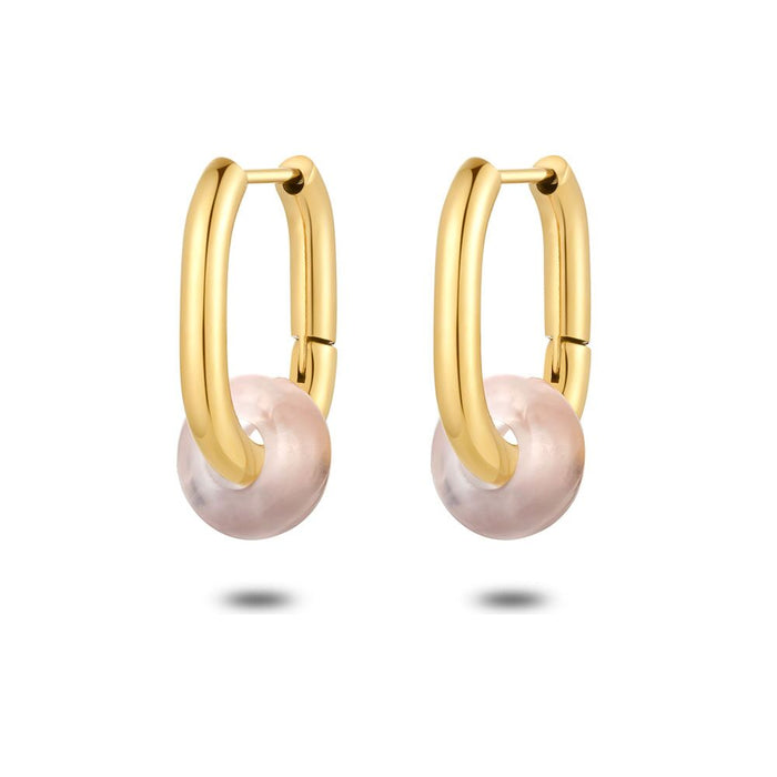 Gold Coloured Stainless Steel Earrings, Oval Hoops, Pink Quartz
