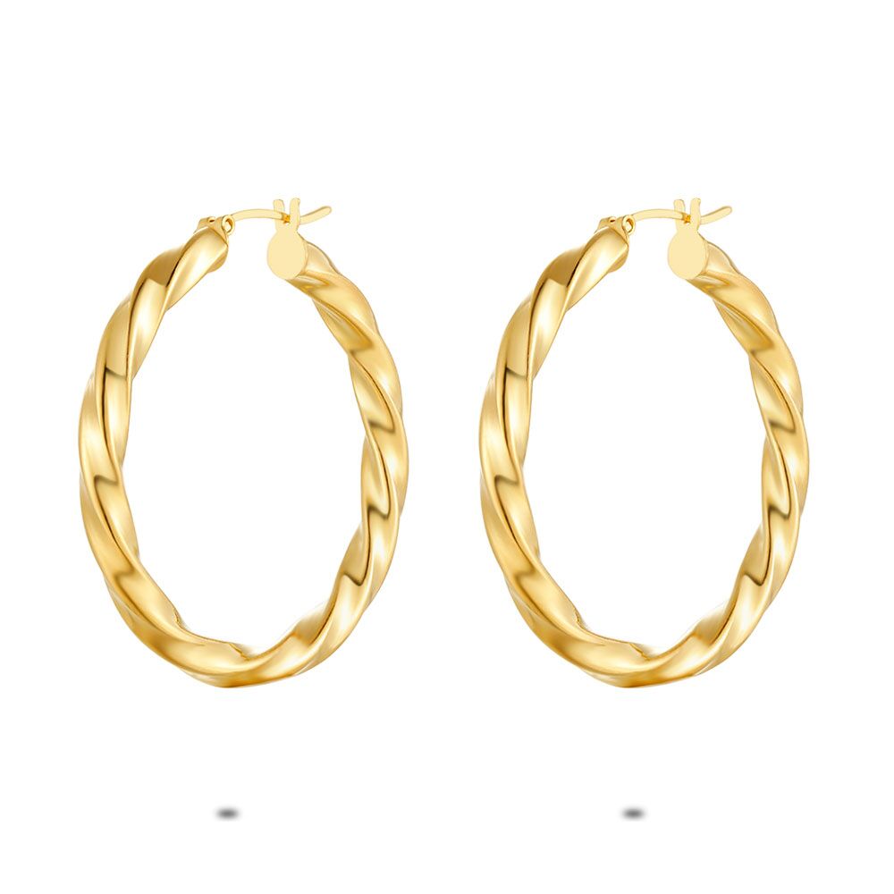 18Ct Gold Plated Silver Earrings, Twisted Hoop Earrings, 40 Mm
