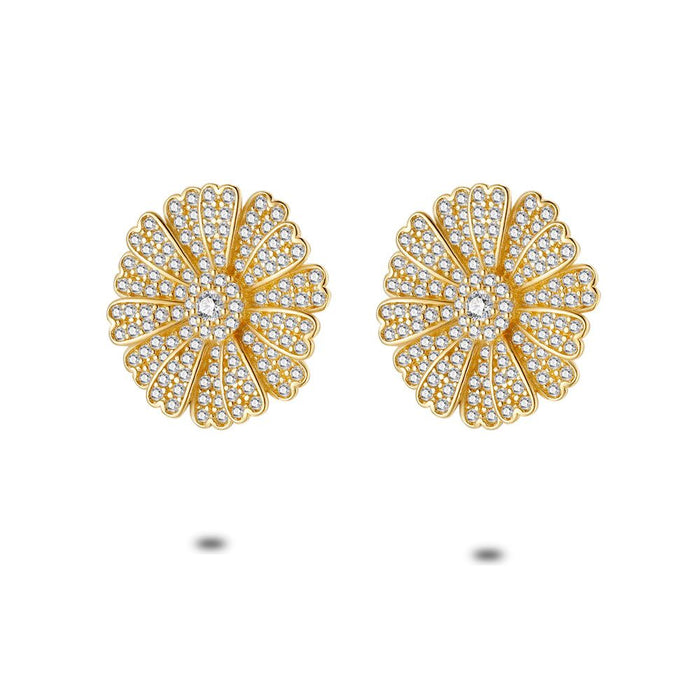 18Ct Gold Plated Silver Earrings, Big Flowers, Zirconia