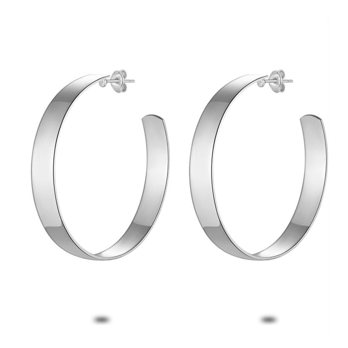 Silver Earrings, Flat Hoop Earring, 40 Mm