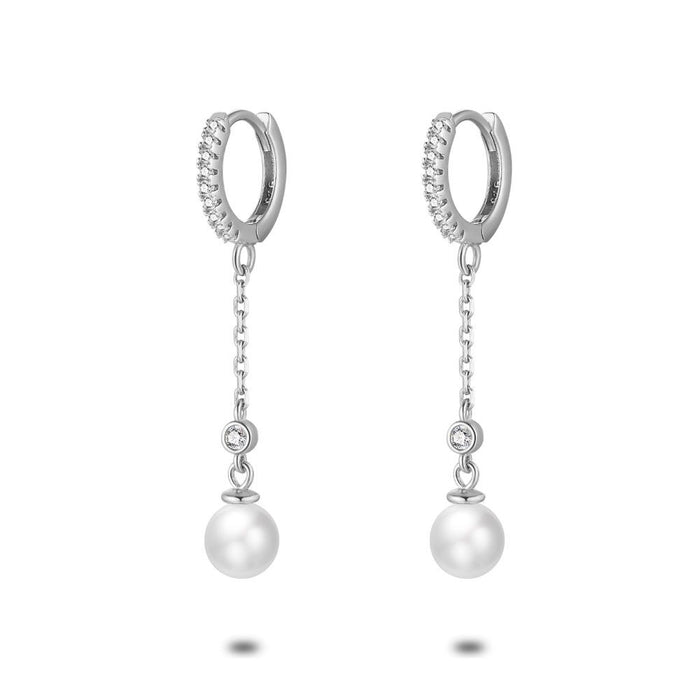 Silver Earrings, Hoop Earrings With Zirconia, Pearl On Chain