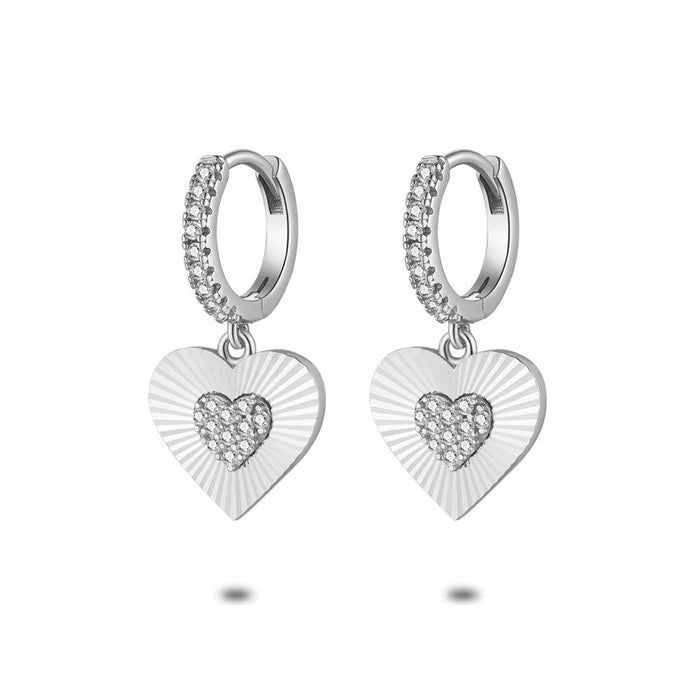 Silver Earrings, Hoop Earrings With Zirconia, Heart
