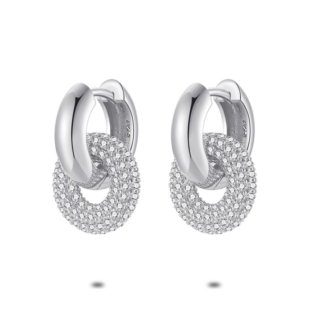Silver Hoop Earrings, Donut, Zirconia