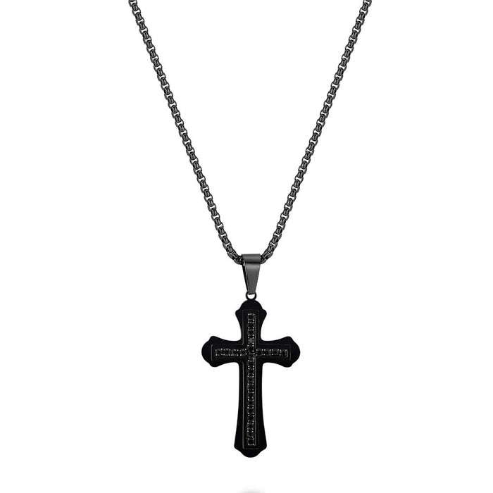 Stainless Steel Necklace, Black Cross With Black Crystals