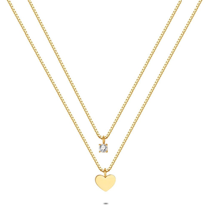 Gold Coloured Stainless Steel Necklace, Double Chain, Heart And Crystal