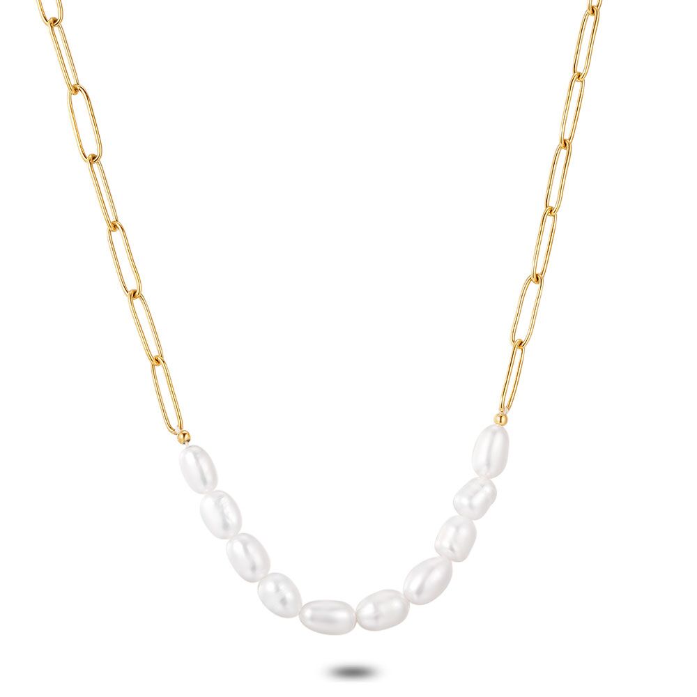 Gold Coloured Stainless Steel Necklace, Oval Links, 10 Freshwater Pearls