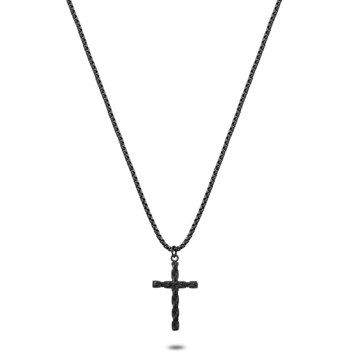 Stainless Steel Necklace, Square Forcat, Matt Black, Cross