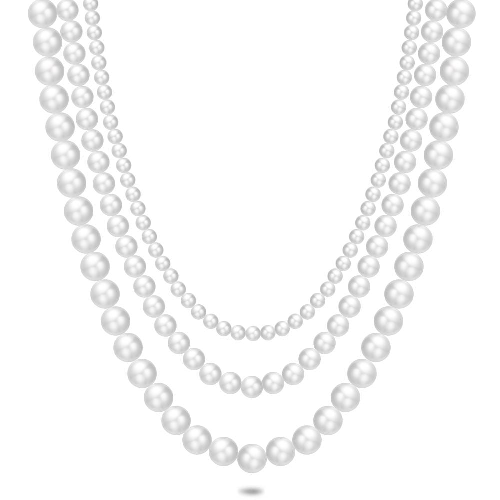 Silver Necklace, 3 Chains Of Pearls