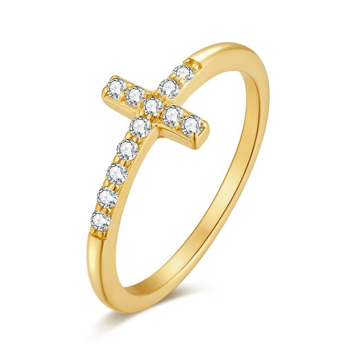 18Ct Gold Plated Silver Ring, Cross, Zirconia