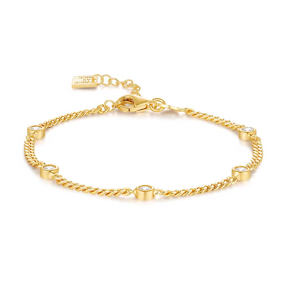 18Ct Gold Plated Silver Bracelet, Gourmet Chain, 5 Zirconia