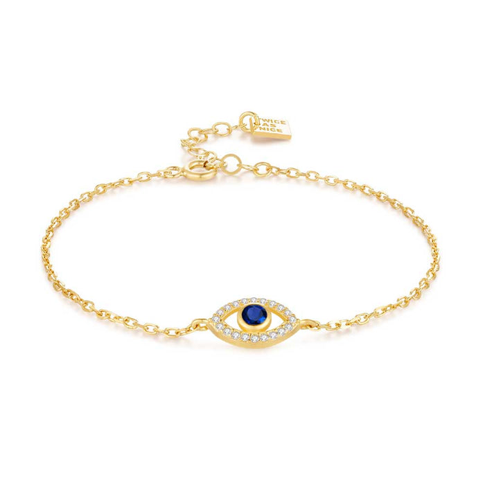 18Ct Gold Plated Silver Bracelet, Open Eye With White And Blue Zirconia