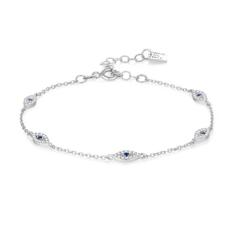 Silver Bracelet, 5 Eyes, White And Blue Zirconia