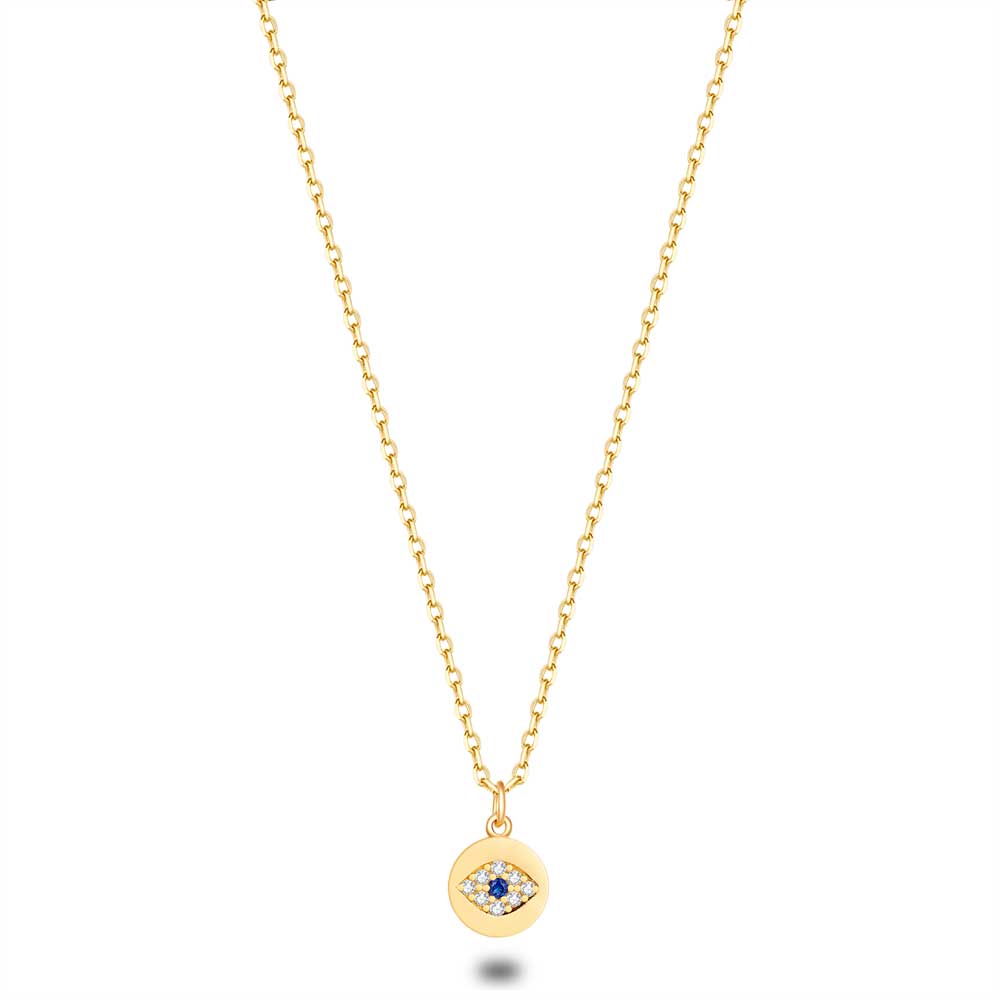 18Ct Gold Plated Silver Necklace, Round With Eye, Blue And White Zirconia