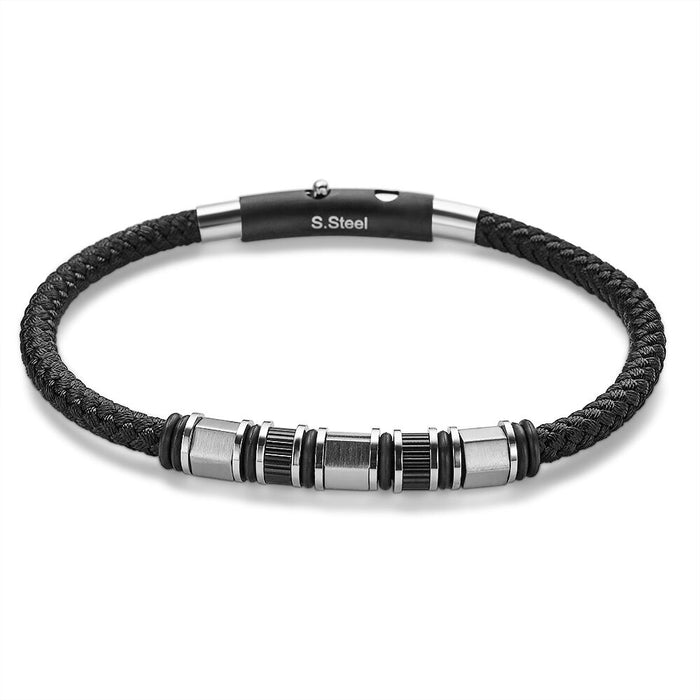 Stainless Steel Bracelet, Black Braided Cord, Black Steel