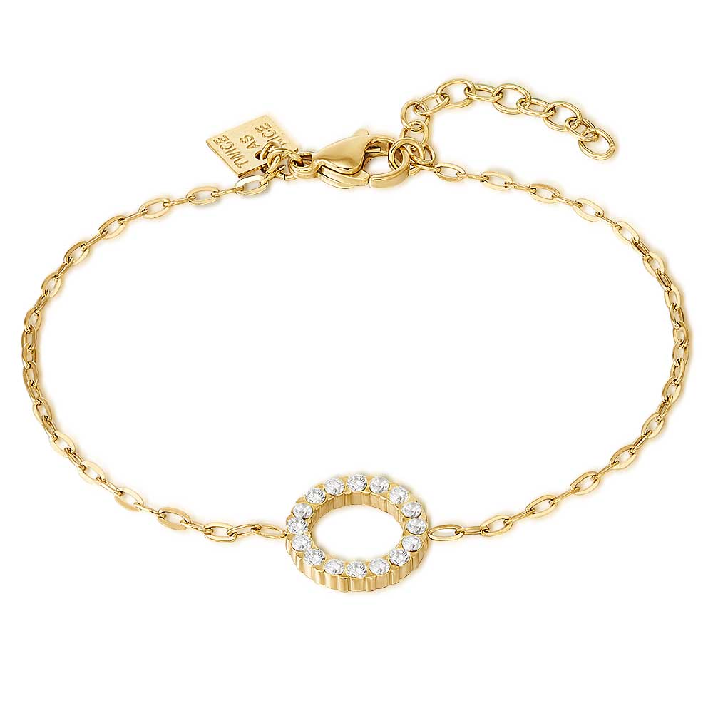 Gold Coloured Stainless Steel Bracelet, Open Circle, White Crystals
