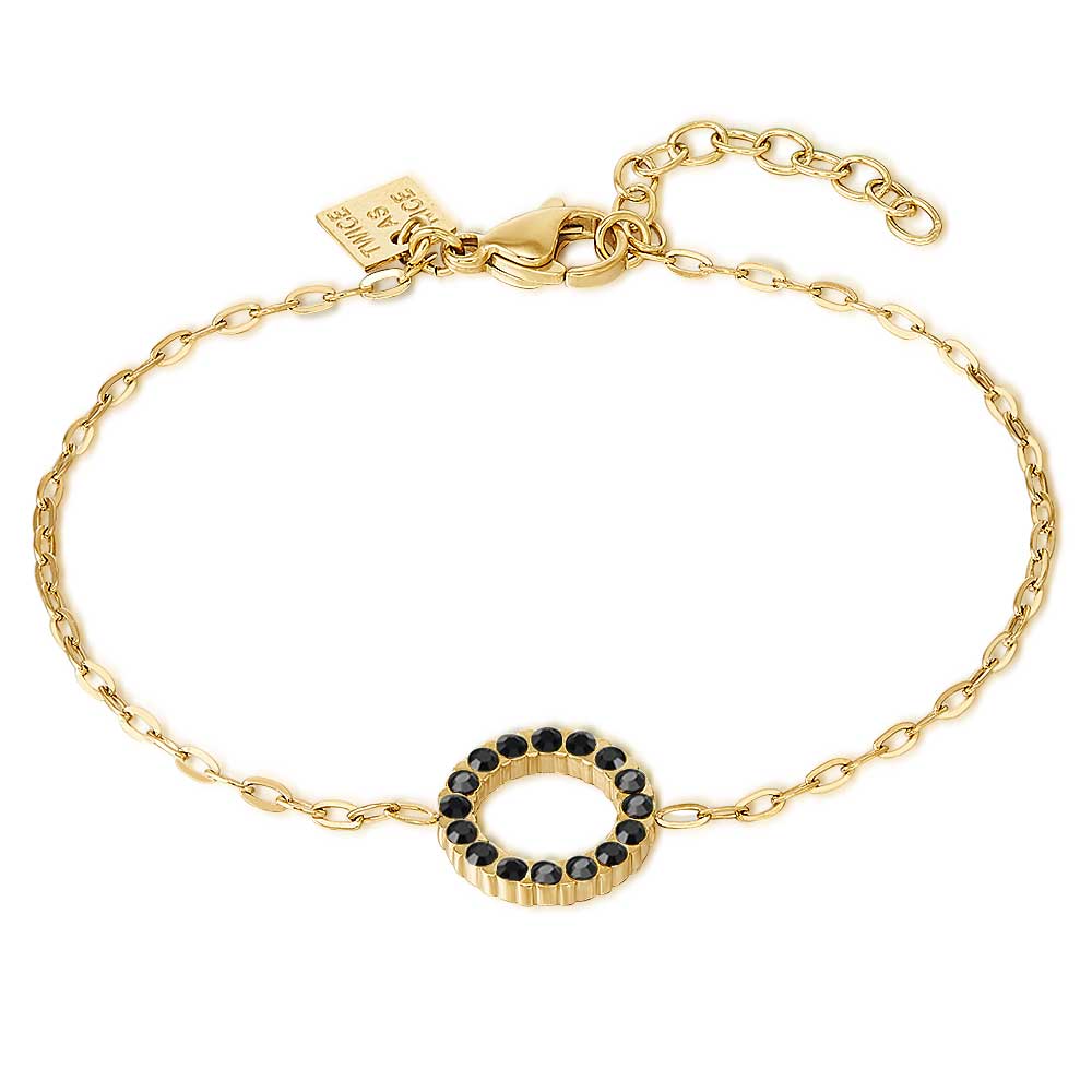 Gold Coloured Stainless Steel Bracelet, Open Circle, Black Crystals
