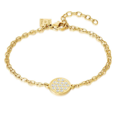 Gold Coloured Stainless Steel Bracelet, Circle With White Crystals