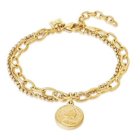 Gold Coloured Stainless Steel Bracelet, Coin On 2 Different Chains