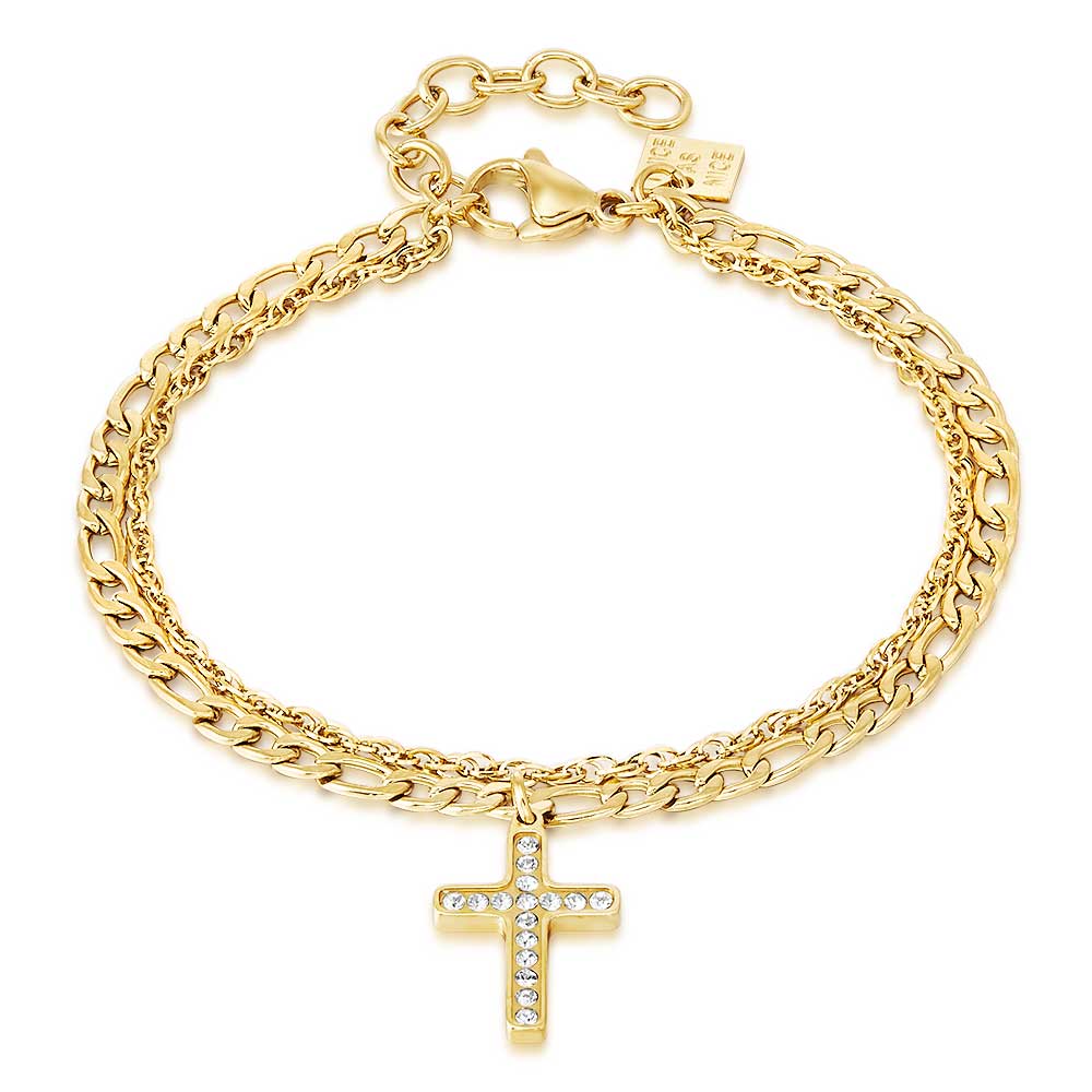 Gold Coloured Stainless Steel Bracelet, Cross On 2 Different Chains