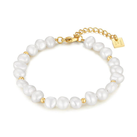 Gold Coloured Stainless Steel Bracelet, Freshwater Pearls, Adjustable