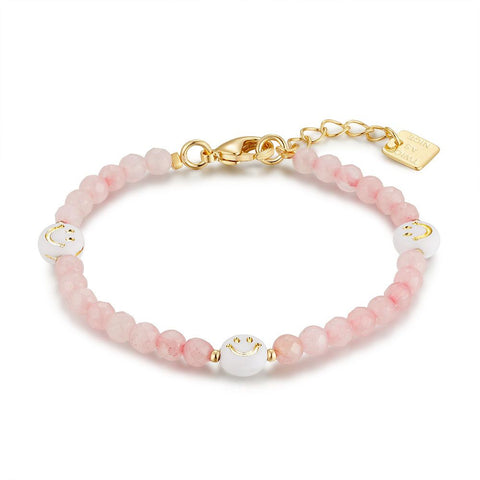 Gold Coloured Stainless Steel Bracelet, Pink Pearls, Smileys