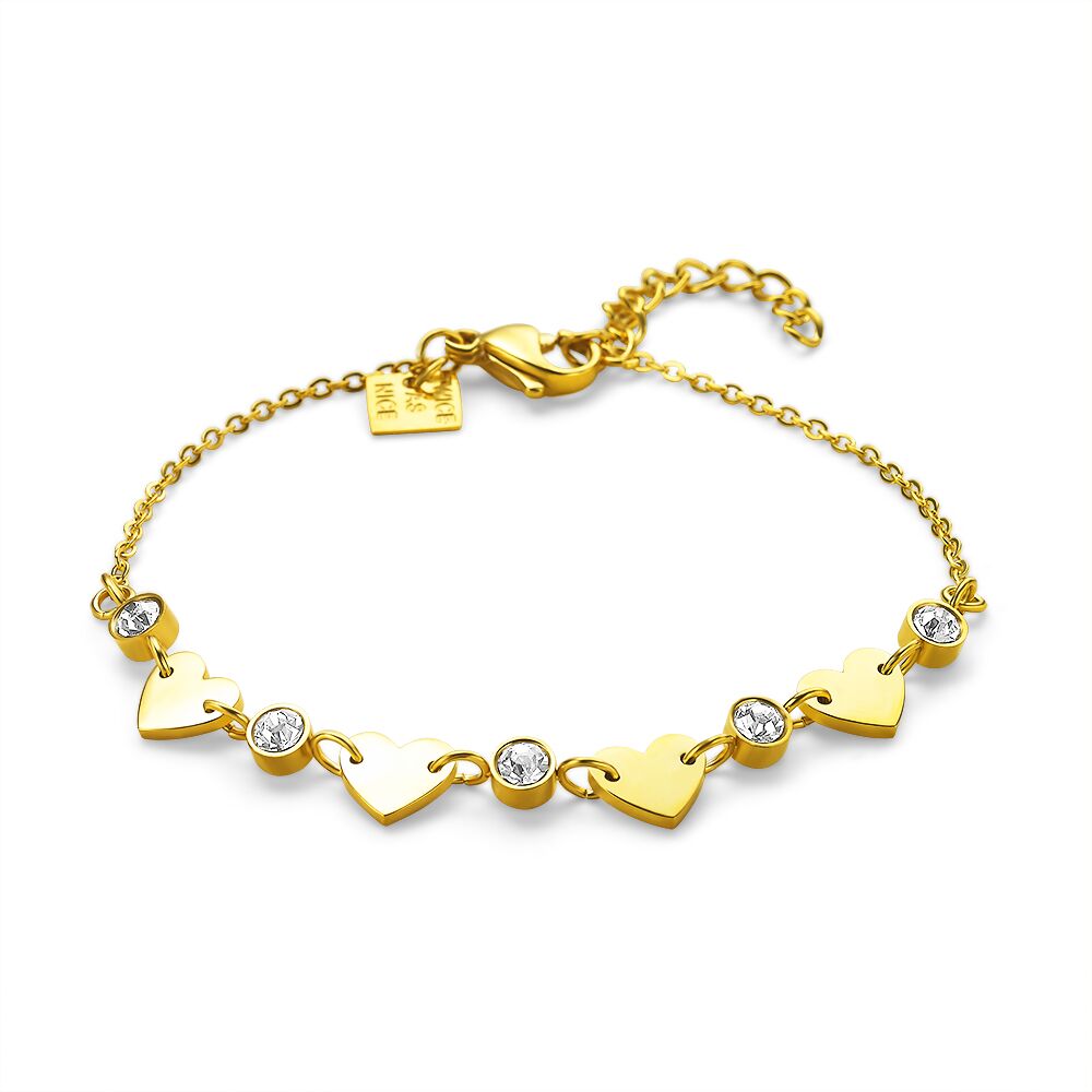 Gold-Coloured Stainless Steel Bracelet, 4 Hearts, 5 Stones