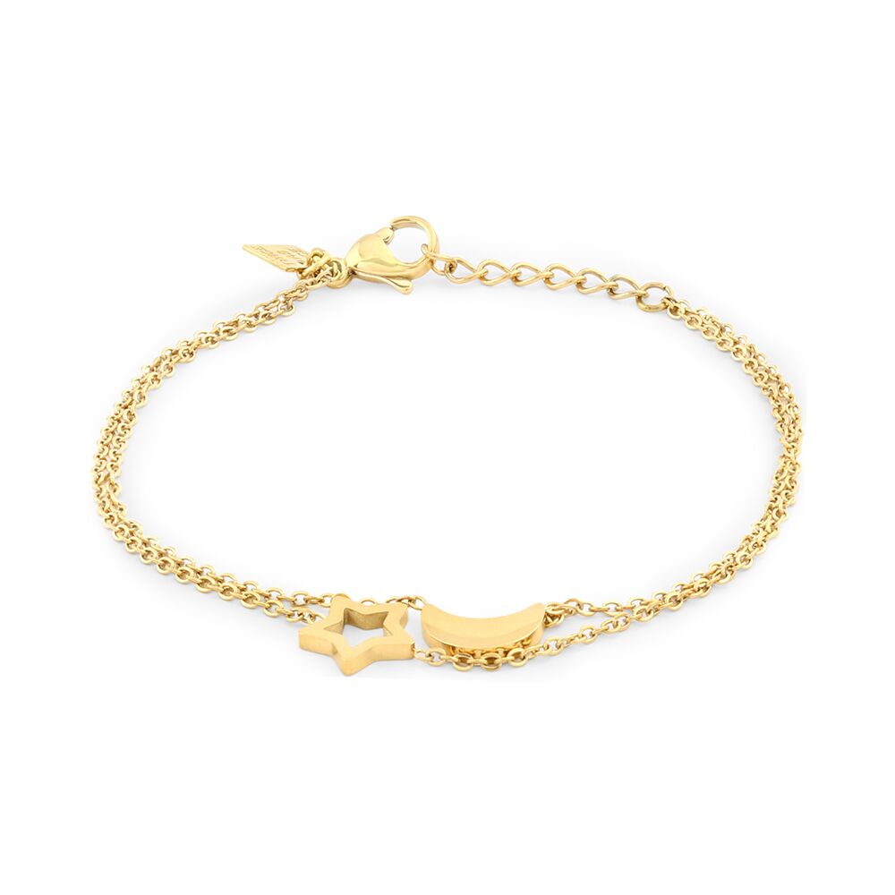 Gold-Coloured Stainless Steel Bracelet, Double Chain, Moon And Star