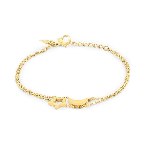 Gold-Coloured Stainless Steel Bracelet, Double Chain, Moon And Star