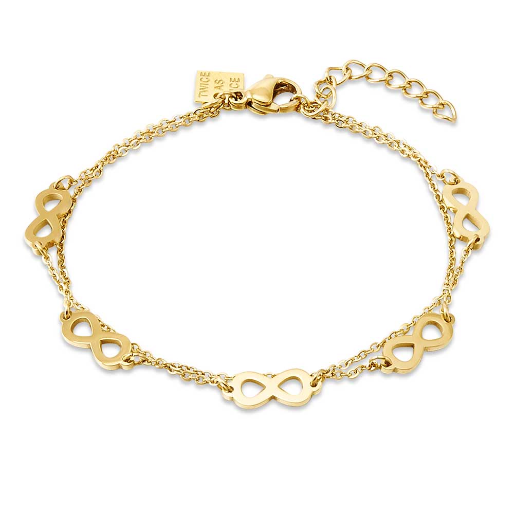 Gold Coloured Stainless Steel Bracelet, 5 Infinities On Double Chain