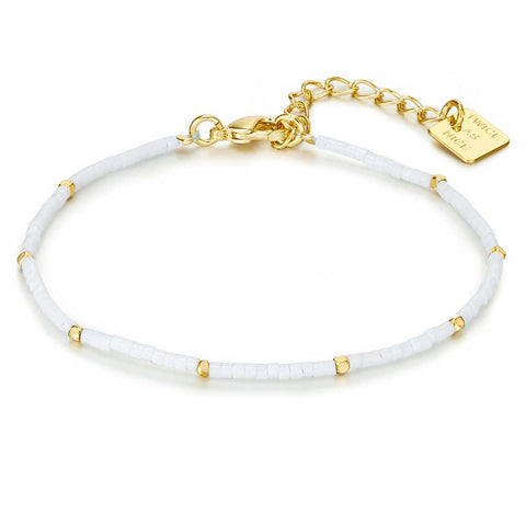 Gold Coloured Stainless Steel Bracelet, Miyuki Beads, White And Gold-Coloured