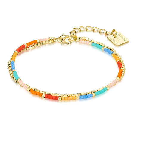 Gold Coloured Stainless Steel Bracelet, Miyuki Beads, Multi-Coloured And Gold, Double
