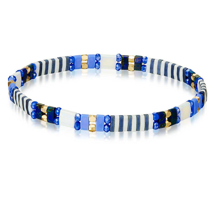 Gold Coloured Stainless Steel Bracelet, Tila Beads, Glass, White And Blue Beads