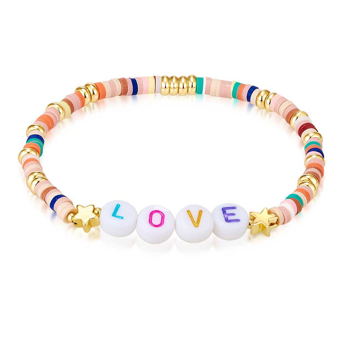 Gold Coloured Stainless Steel Bracelet, Multicoloured Fimo Beads, Love