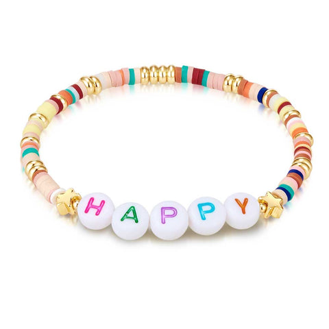 Gold Coloured Stainless Steel Bracelet, Multicoloured Fimo Beads, Happy