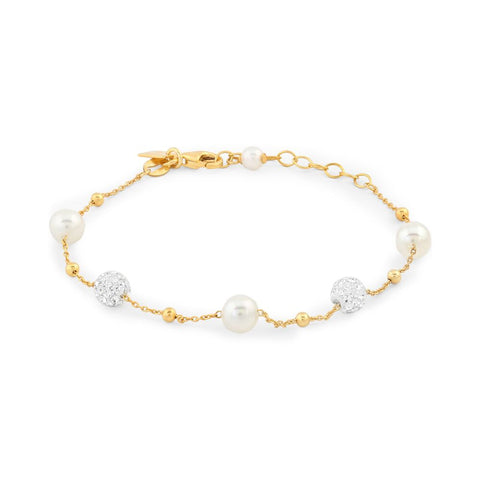 18Ct Gold Plated Silver Bracelet, 2 Balls With Crystals, 3 Pearls