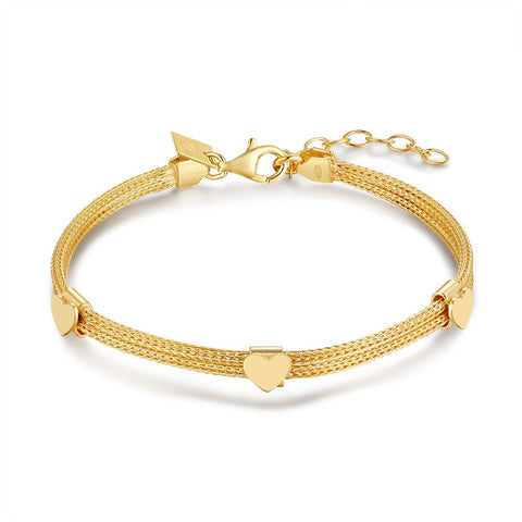 18Ct Gold Plated Silver Bracelet, 2 Chains, 3 Hearts