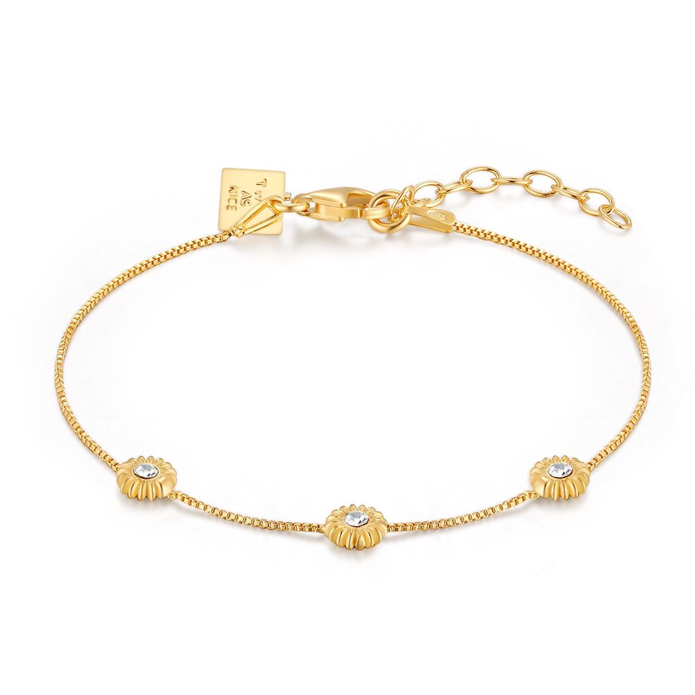 18Ct Gold Plated Silver Bracelet, 3 Daisies, Zirconia