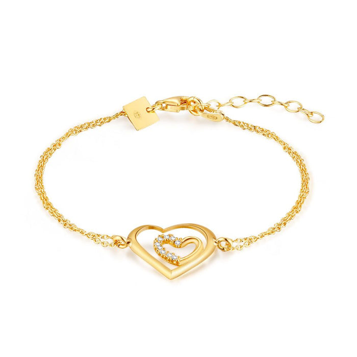 18Ct Gold Plated Silver Bracelet, 2 Open Hearts, Zirconia