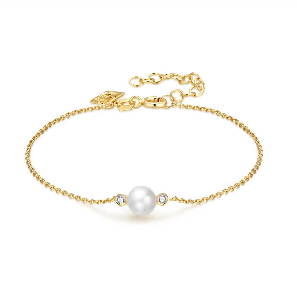 18Ct Gold Plated Silver Bracelet, Freshwater Pearl, 2 Small Zirconia