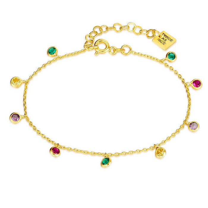 18Ct Gold Plated Silver Bracelet, 9 Hanging Multicoloured Zirconia, Round