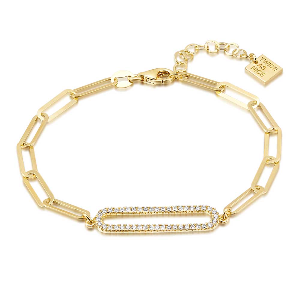 18Ct Gold Plated Silver Bracelet, Oval With Zirconia And Oval Links