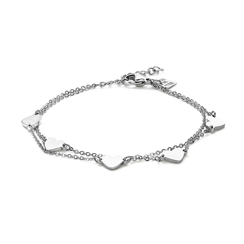 Stainless Steel Bracelet, Double Chain With 5 Hearts