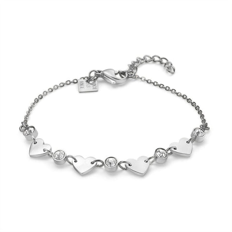 Stainless Steel Bracelet, 4 Hearts, 5 Crystals
