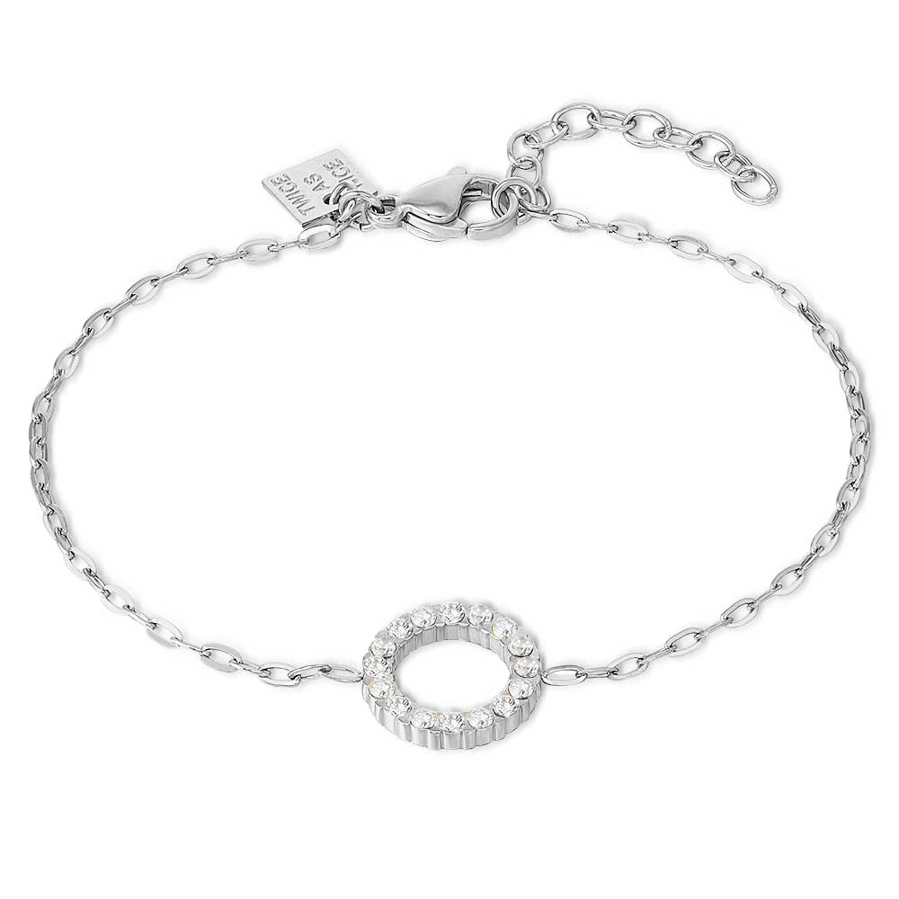 Stainless Steel Bracelet, Open Circle, White Crystals